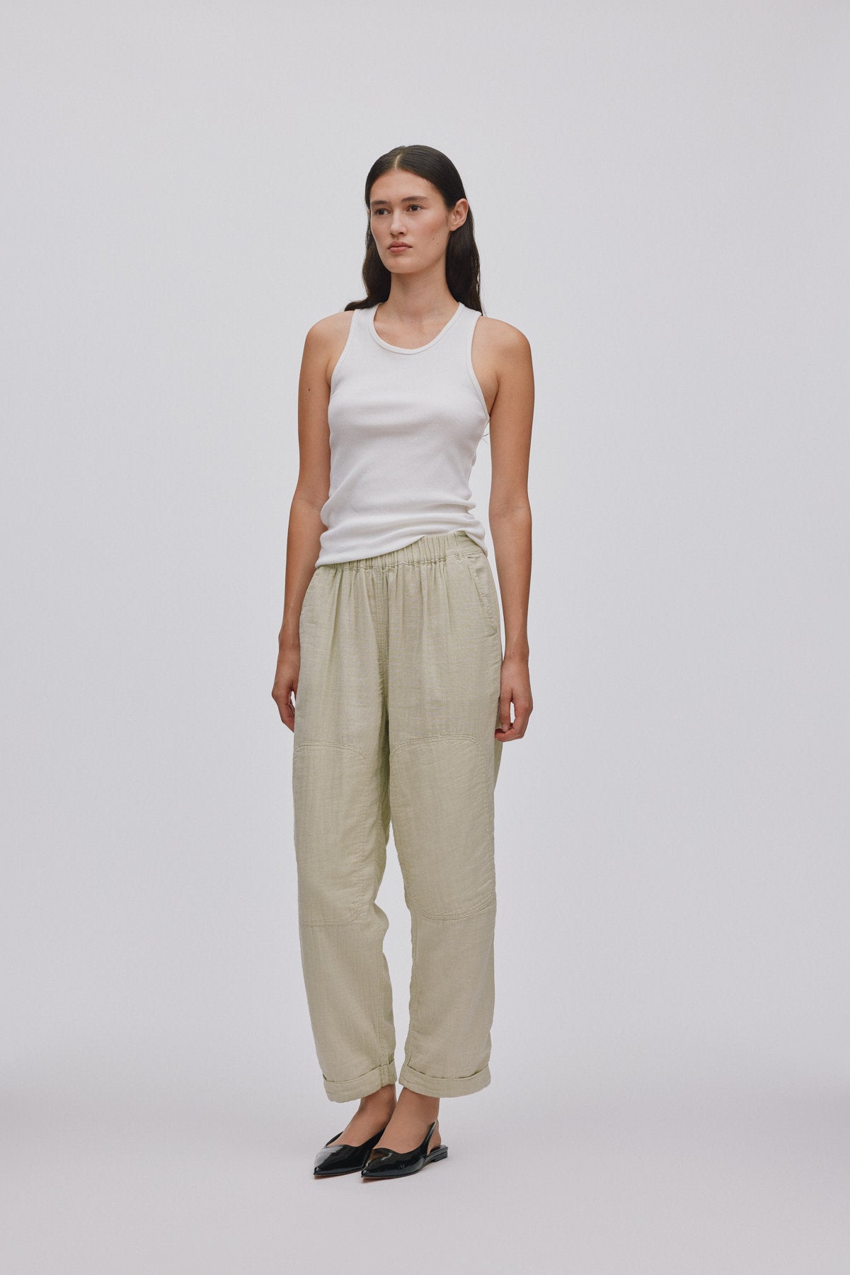Johanne - Cotton double knee patch pants I Light sage