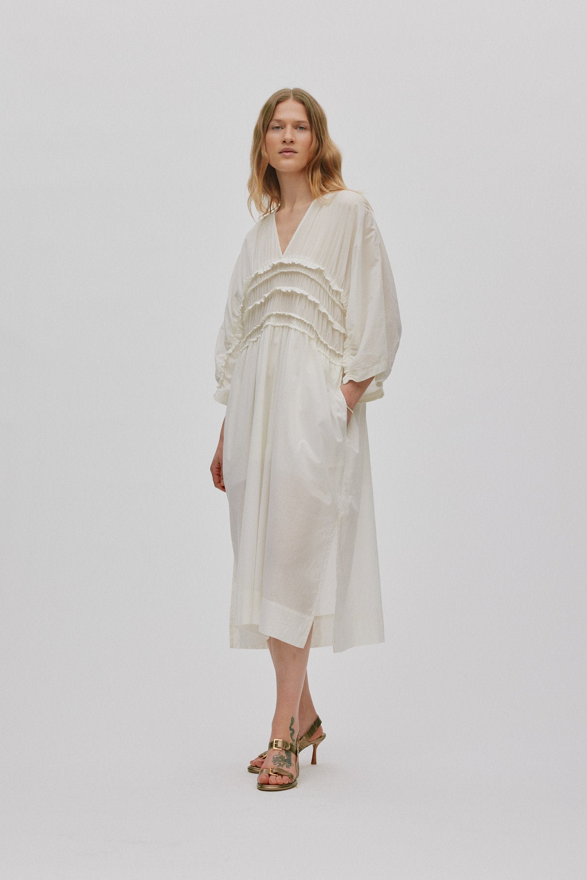 Ina - Voile frill gathered dress I Chalk