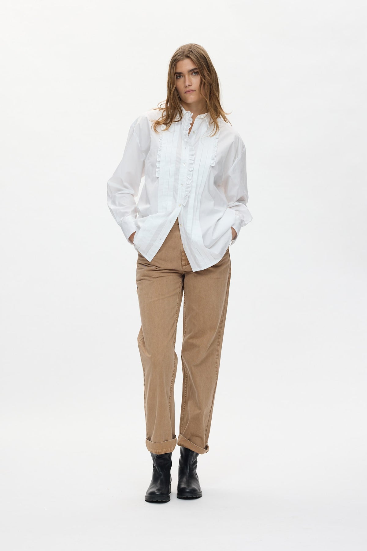 Dim - Poplin front frill shirt I White