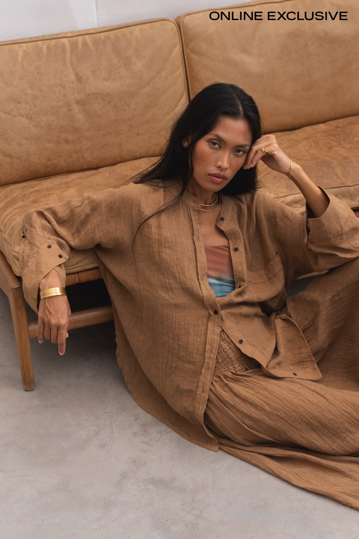 Bobbies - Crinkled oversize shirt I Walnut
