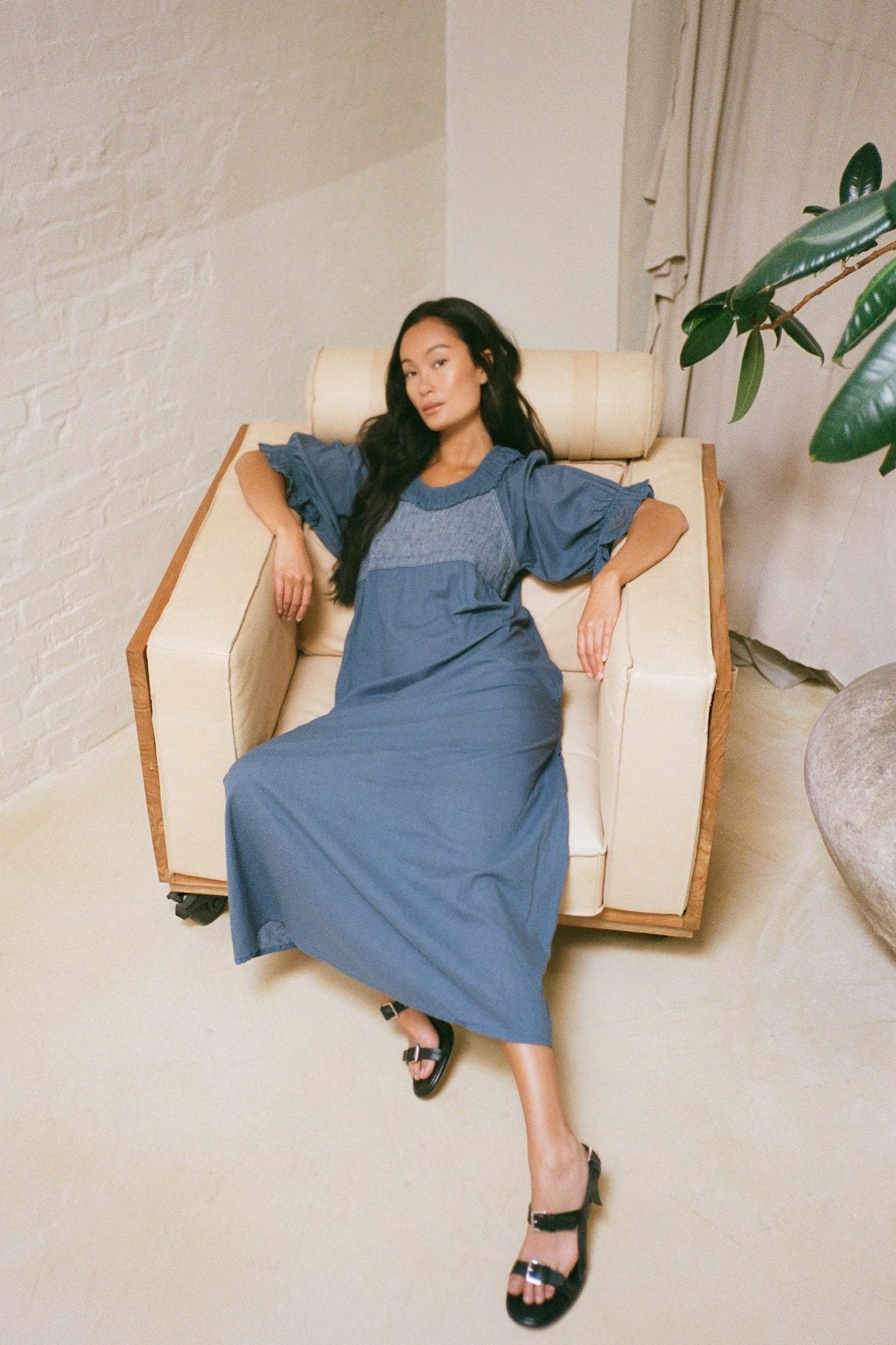 Dorothea - Cotton long angel dress I Dusty indigo