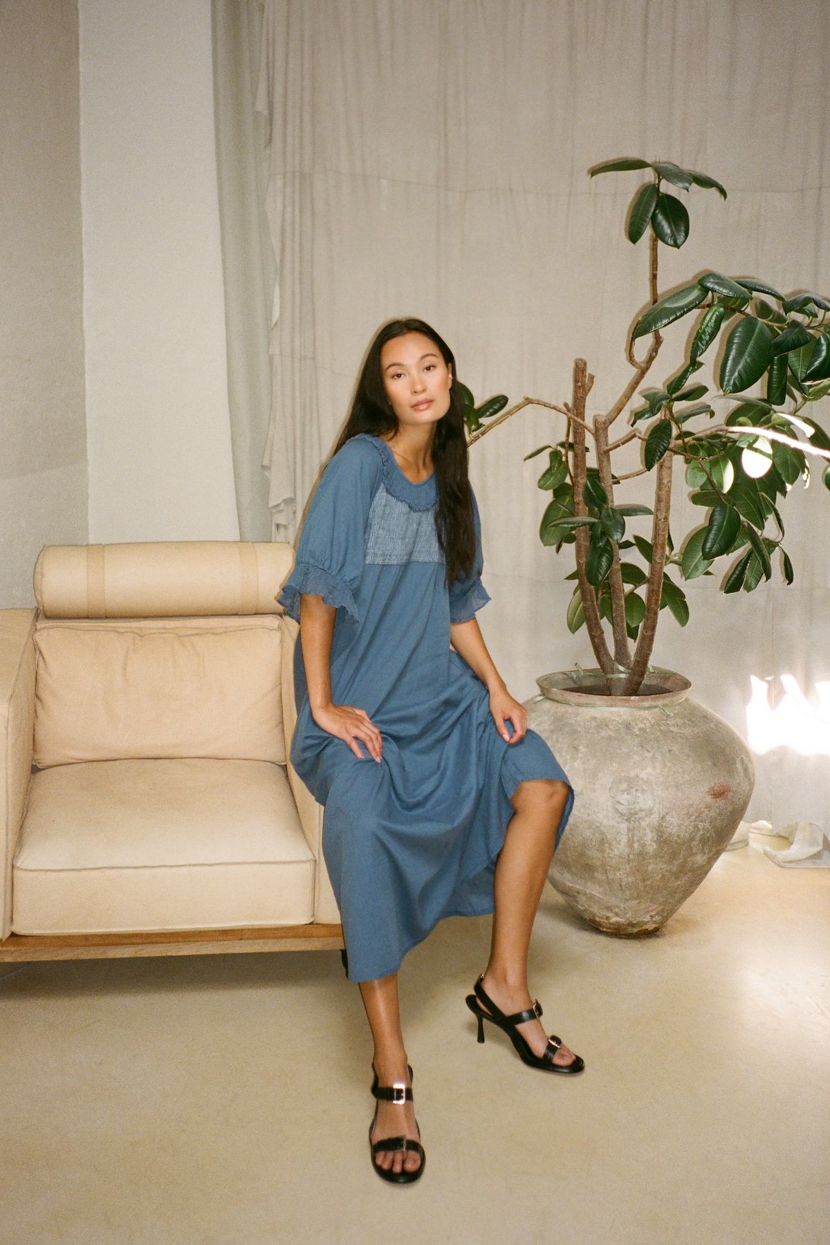 Dorothea - Cotton long angel dress I Dusty indigo