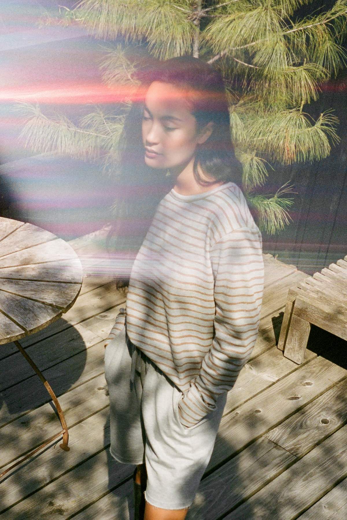 Hila - Light stretch crew neck top I Grey honey stripe