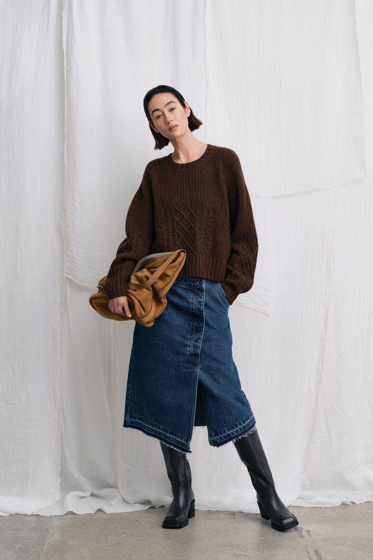 Baze - Patchwork knit cropped sweater I Brown