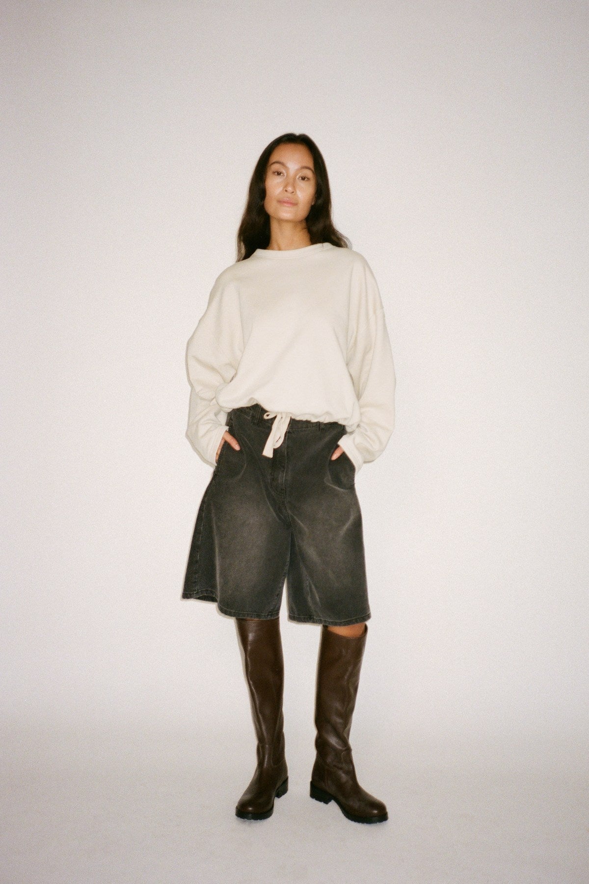 Denim black wide shorts - Raha I Washed black denim