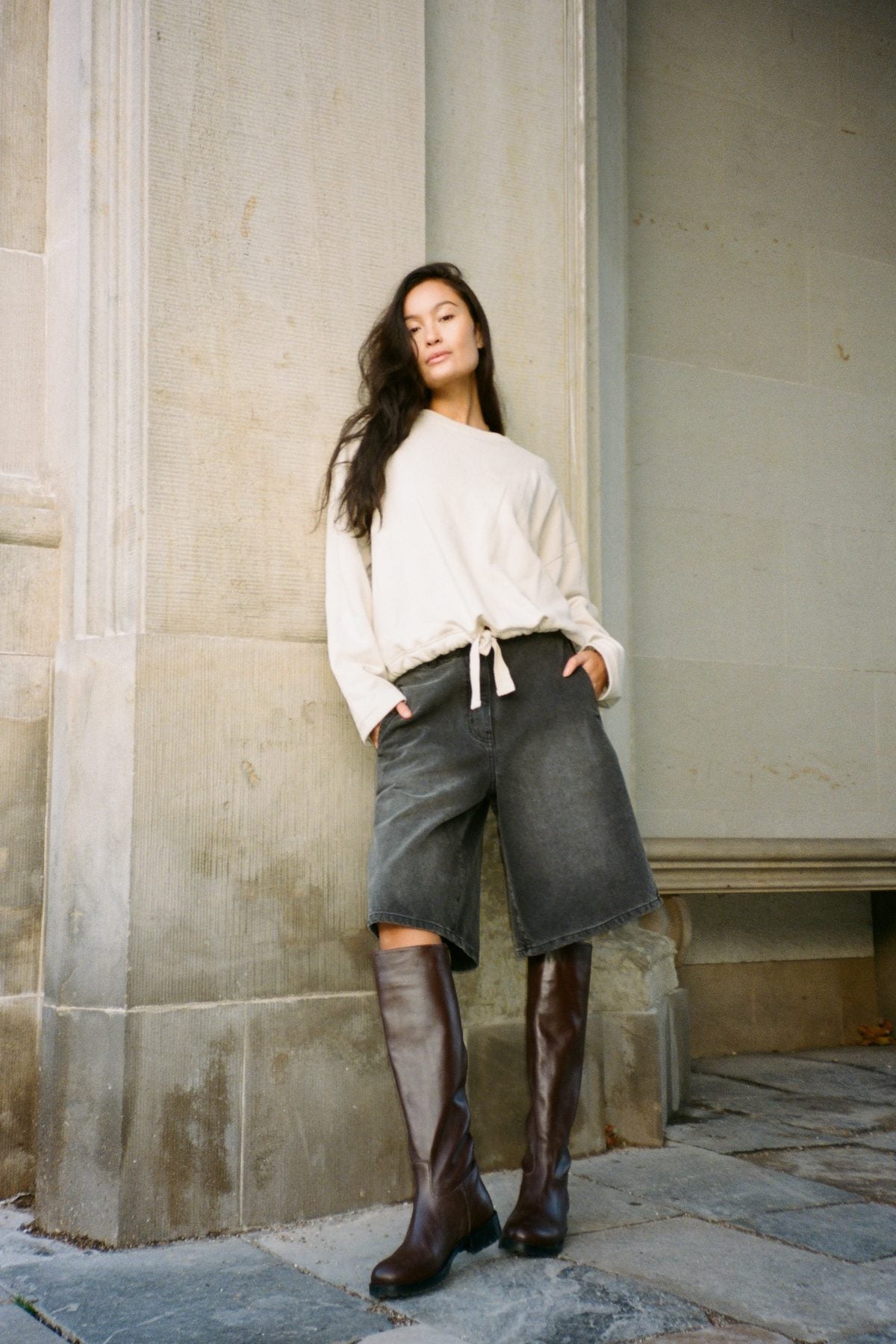 Denim black wide shorts - Raha I Washed black denim