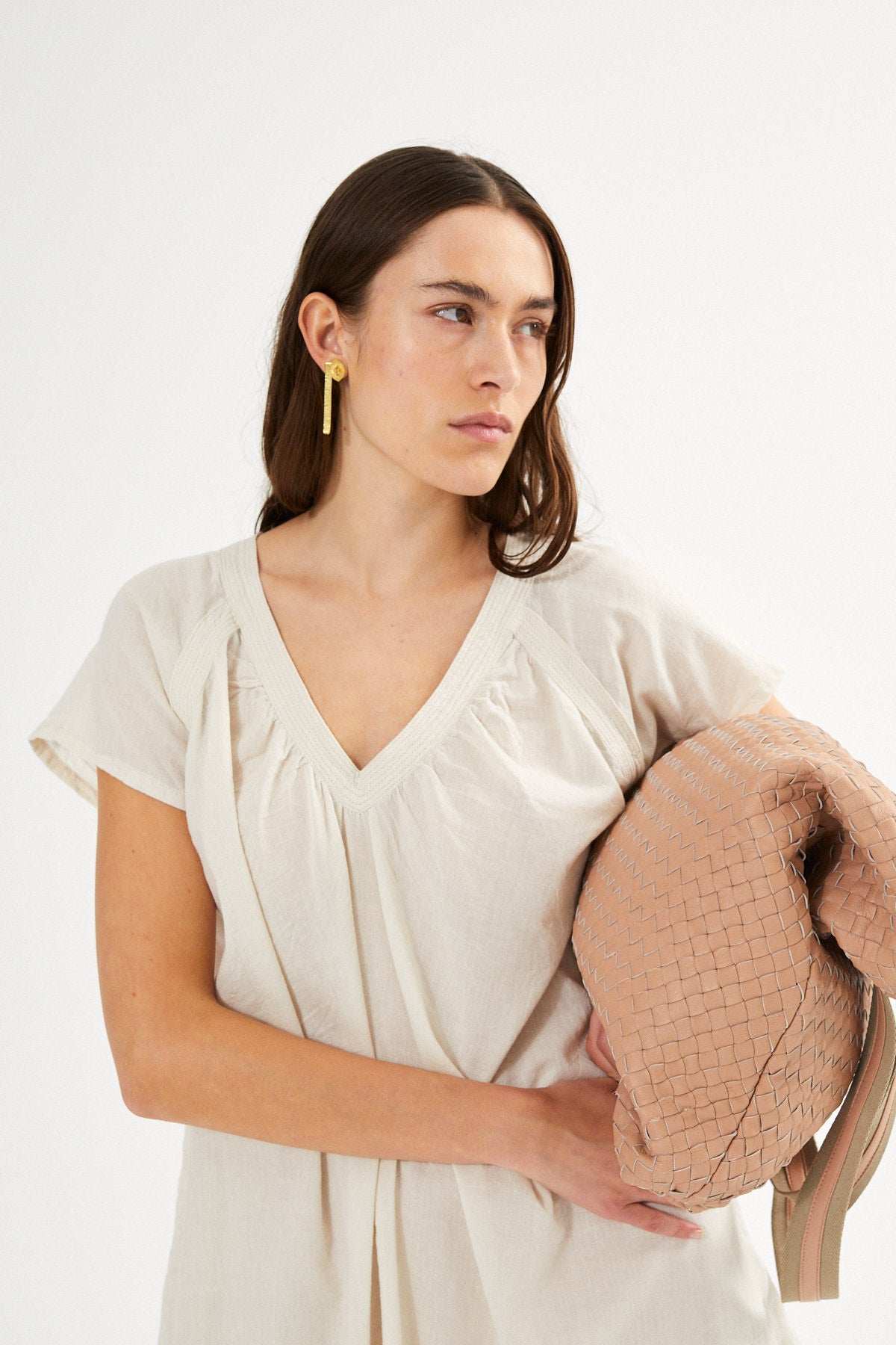 Cotton V-neck short dress - Divine I White