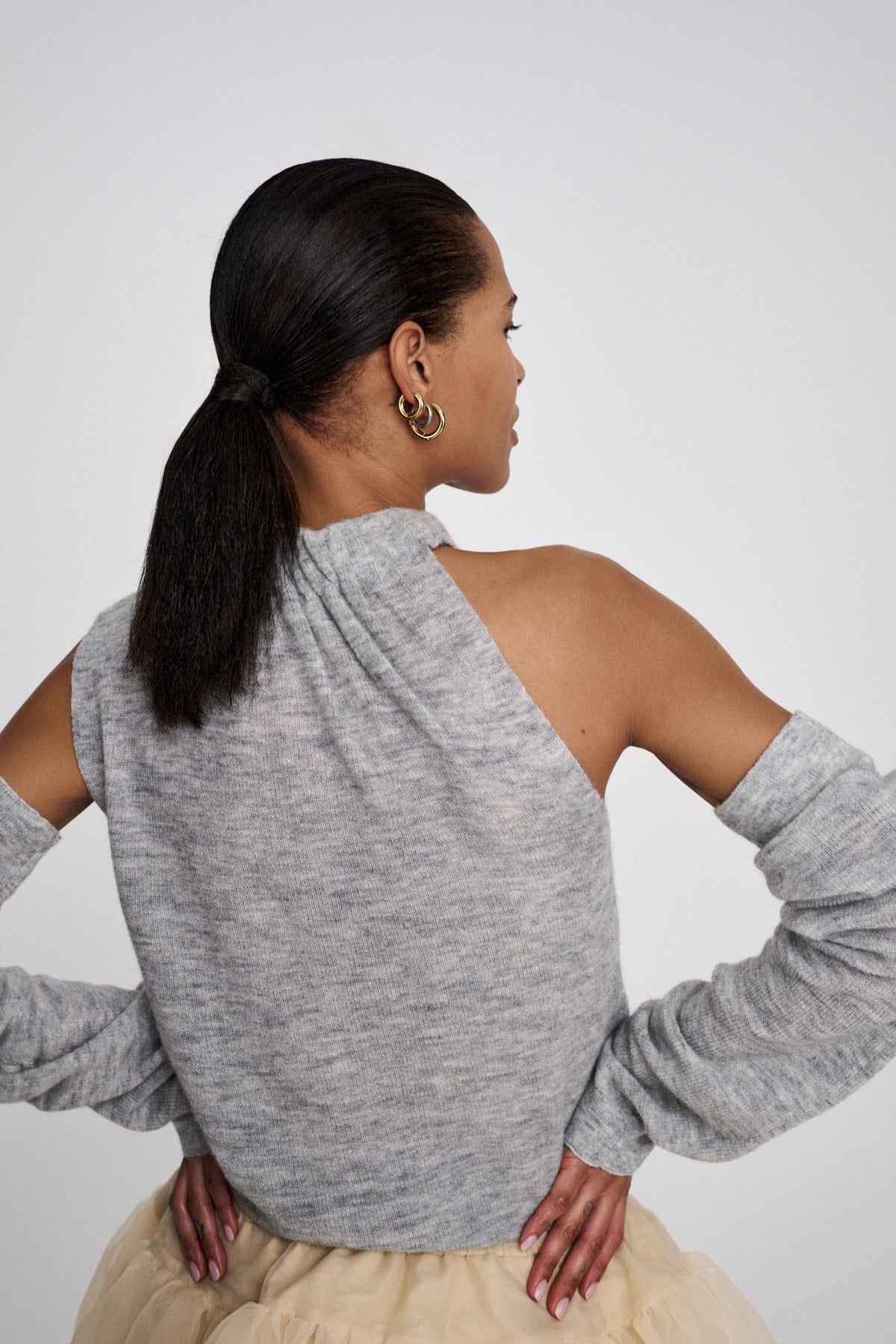 Celina - Waffled knit one shoulder top I Grey melange