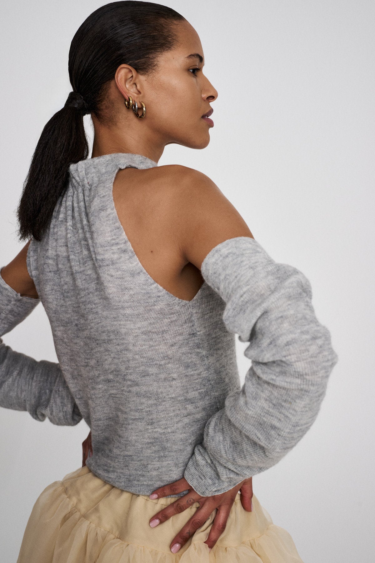 Celina - Waffled knit one shoulder top I Grey melange