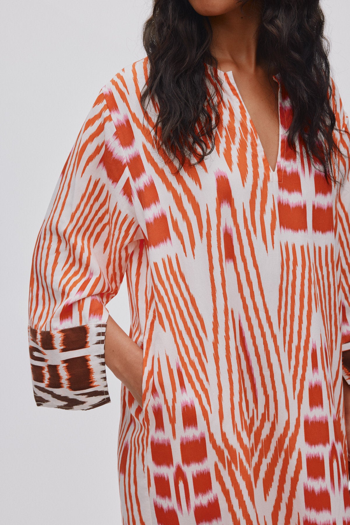 Karimalou - Ikat combo kaftan I Mandarin pink ivory & coffee combo
