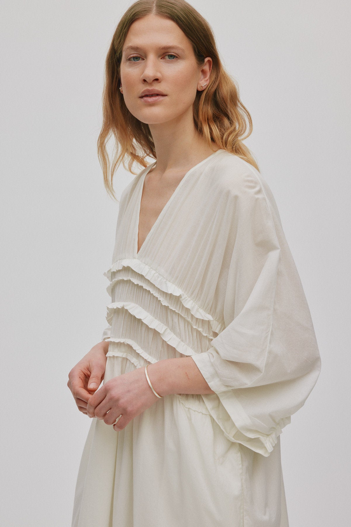 Ina - Voile frill gathered dress I Chalk