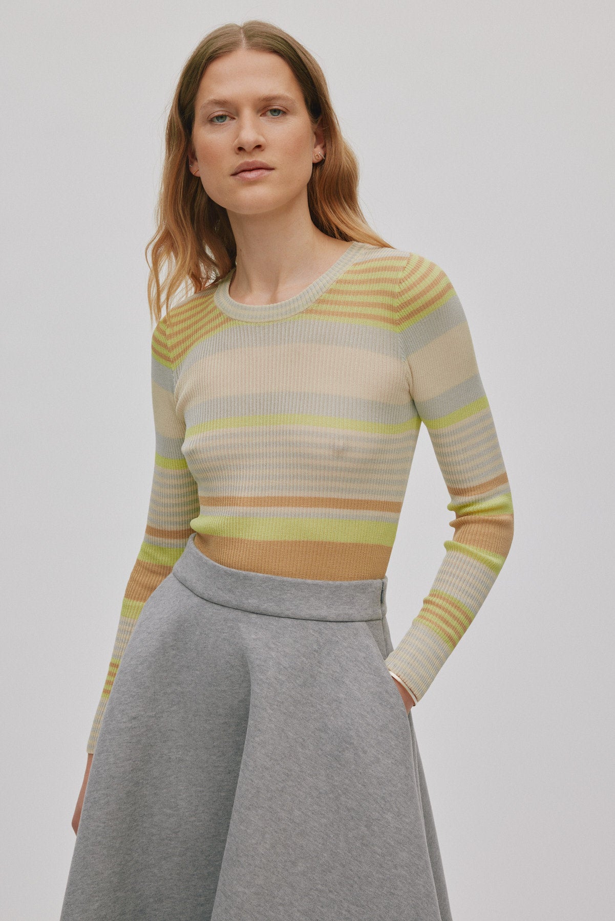 Jacka - Ribbed stripes knit top I Soft lime stripe