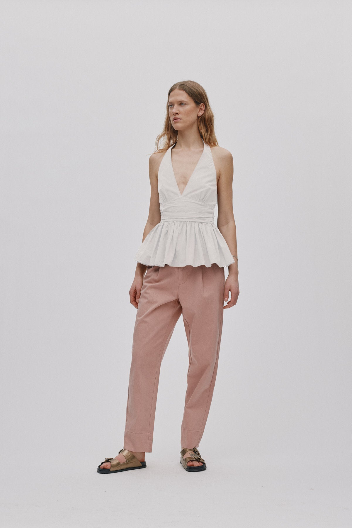 Raina - Texture canvas pleat pants I Soft rose