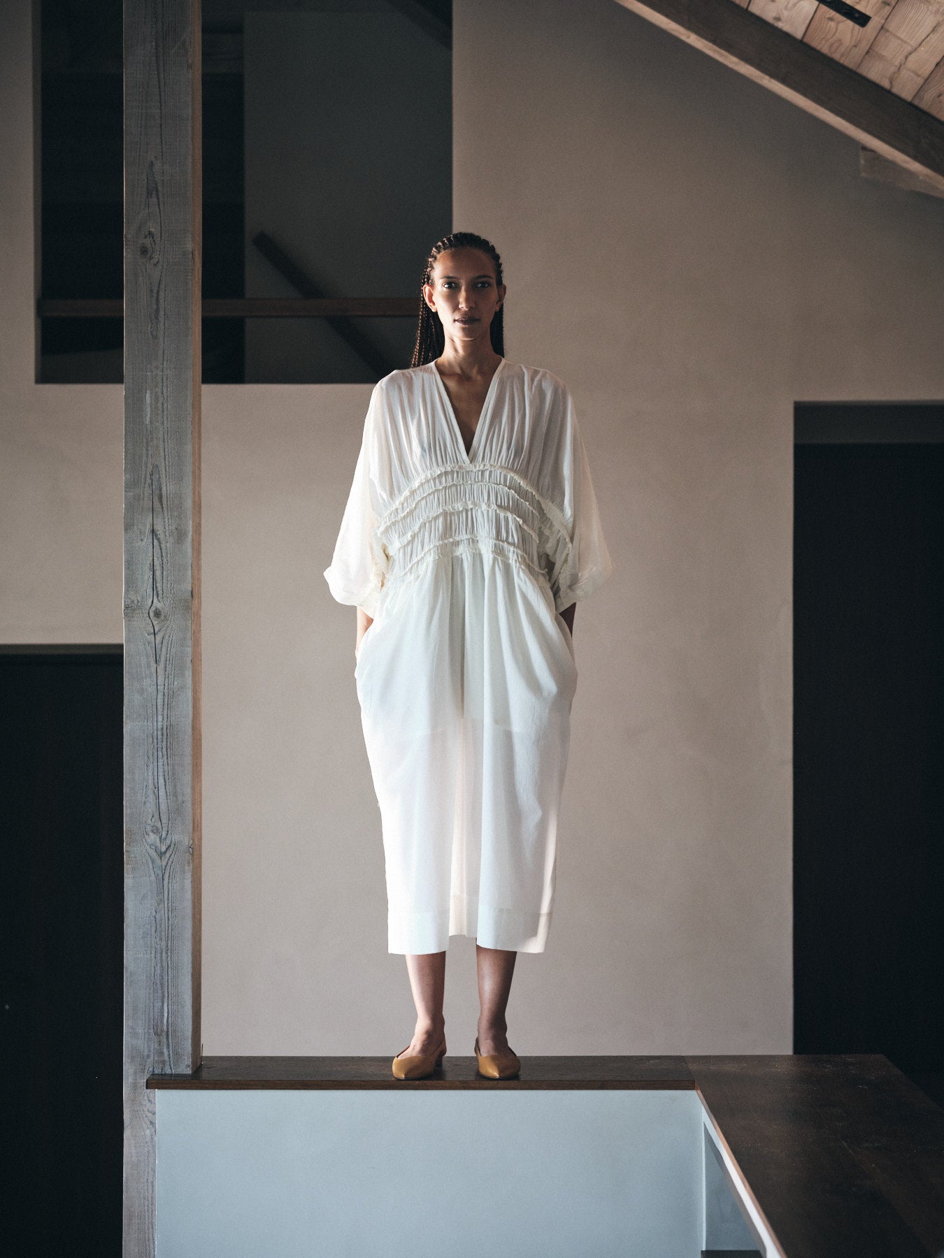 Ina - Voile frill gathered dress I Chalk
