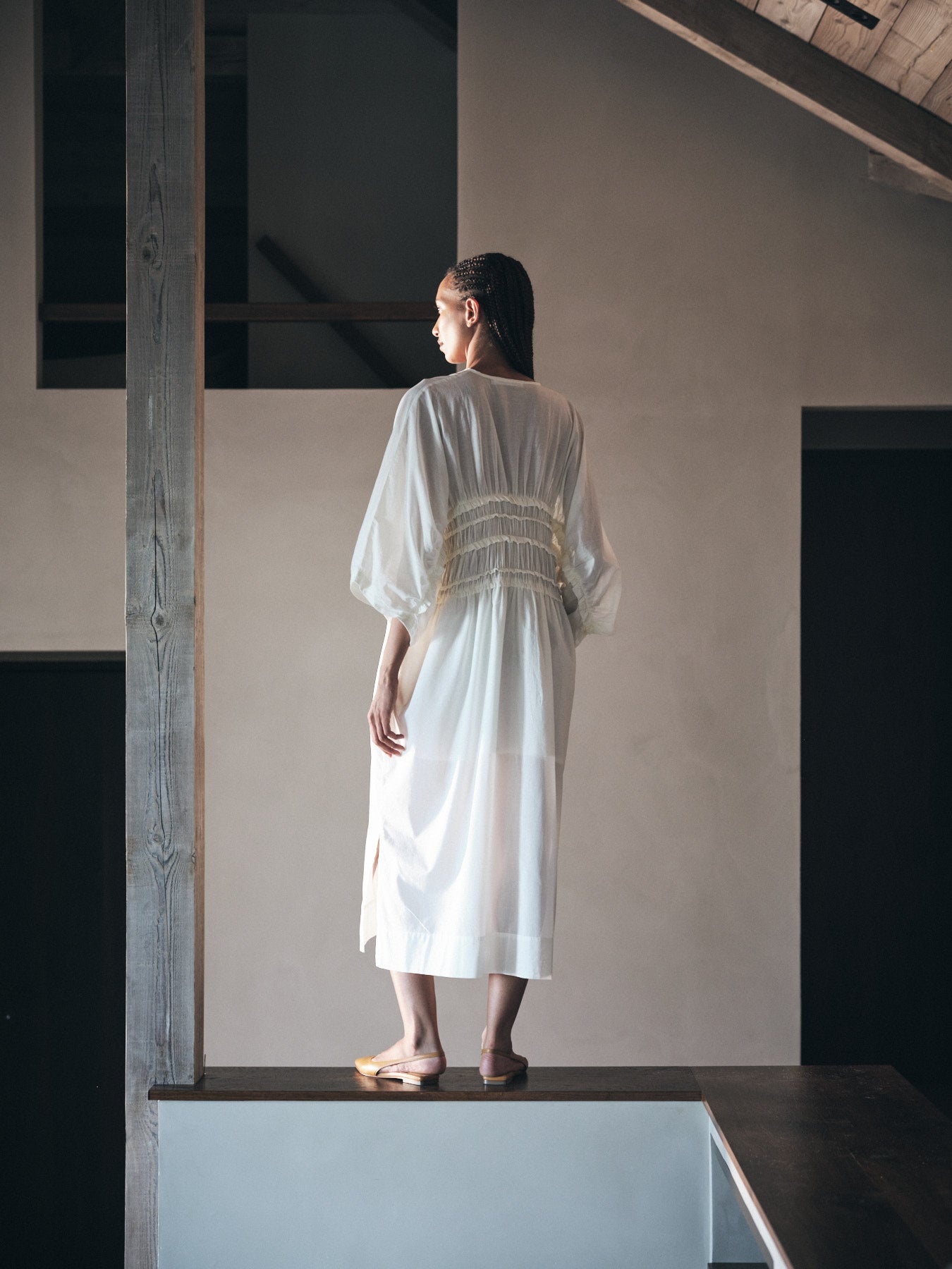 Ina - Voile frill gathered dress I Chalk