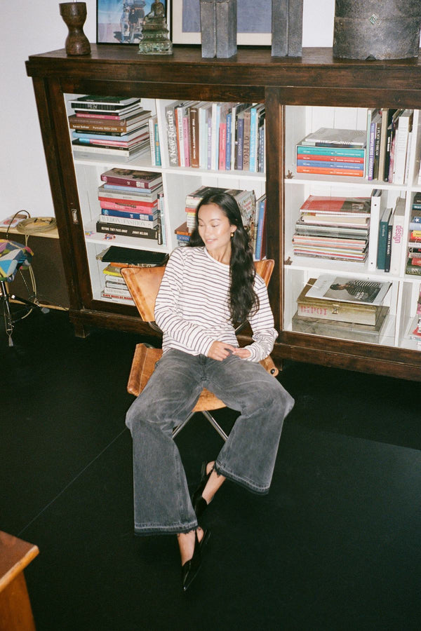 Light stretch crew neck top - Hila I Oyster navy stripe