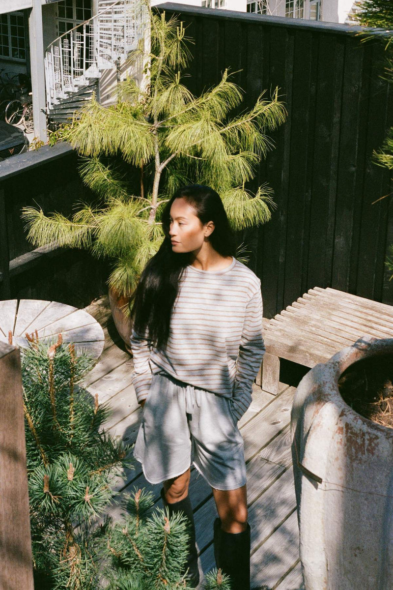 Light stretch crew neck top - Hila I Grey honey stripe