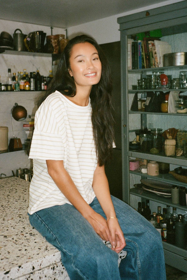 Light stretch cropped t-shirt - Margot I White sand stripe