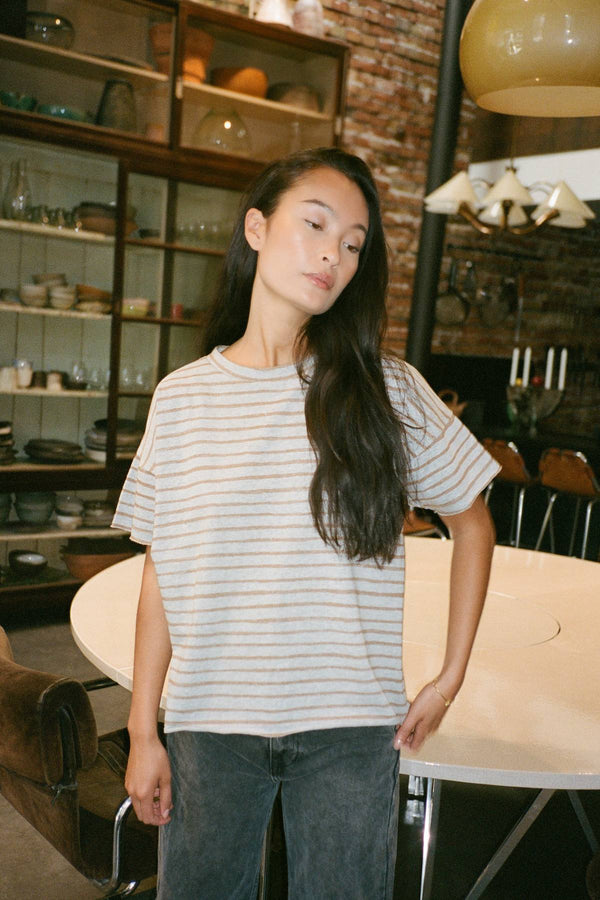 Light stretch cropped t-shirt - Margot I Grey honey stripe