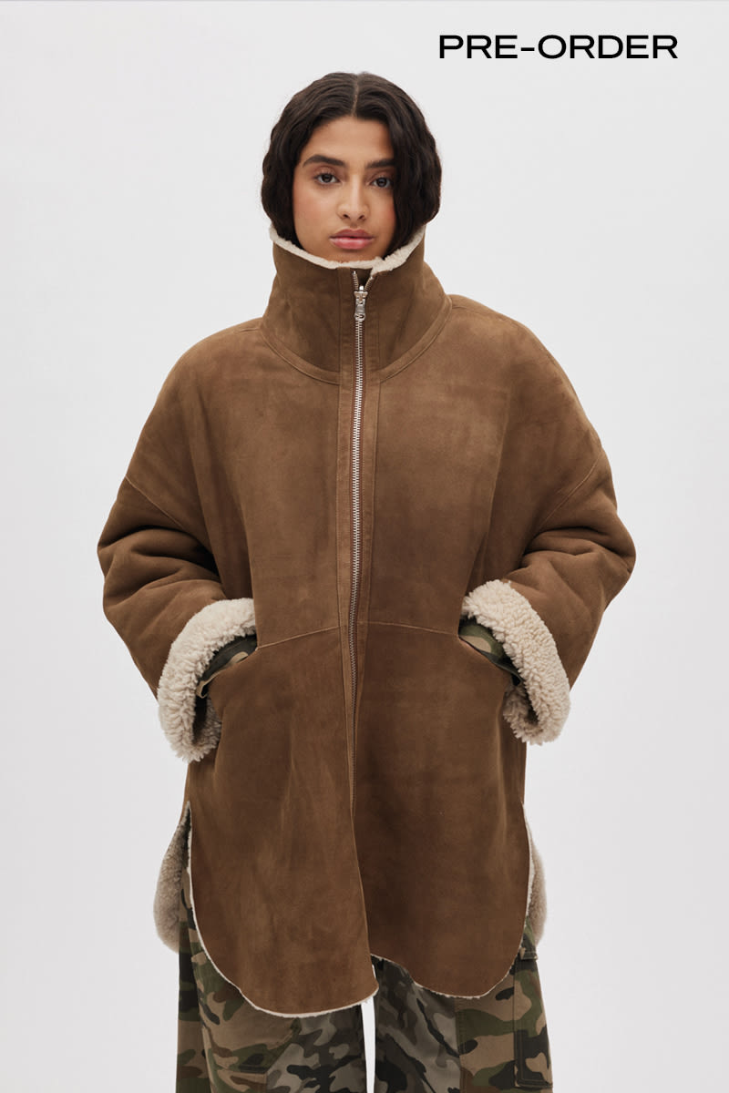 Ejsa - Shearling coat I PRE-ORDER I Dark brown natural combo