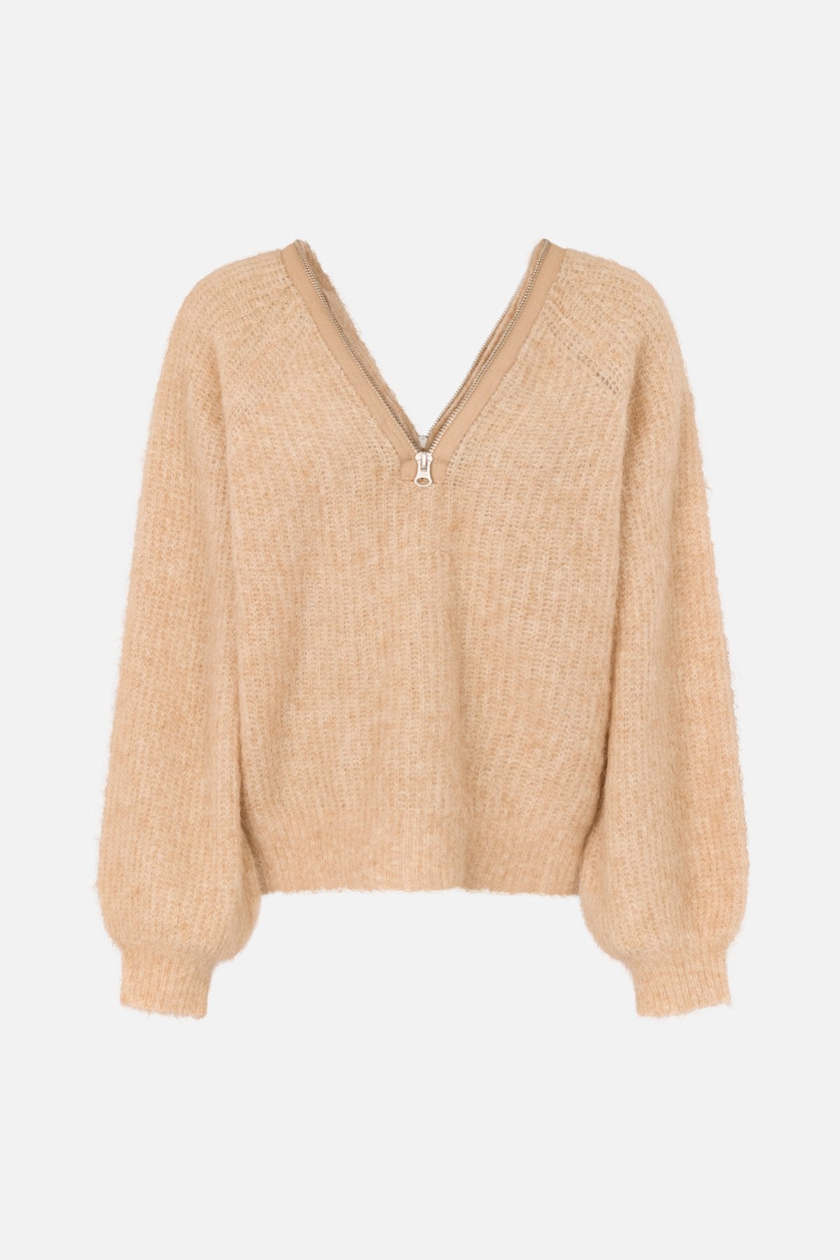 Maelle - Superlight knit zip opening sweater I Light camel