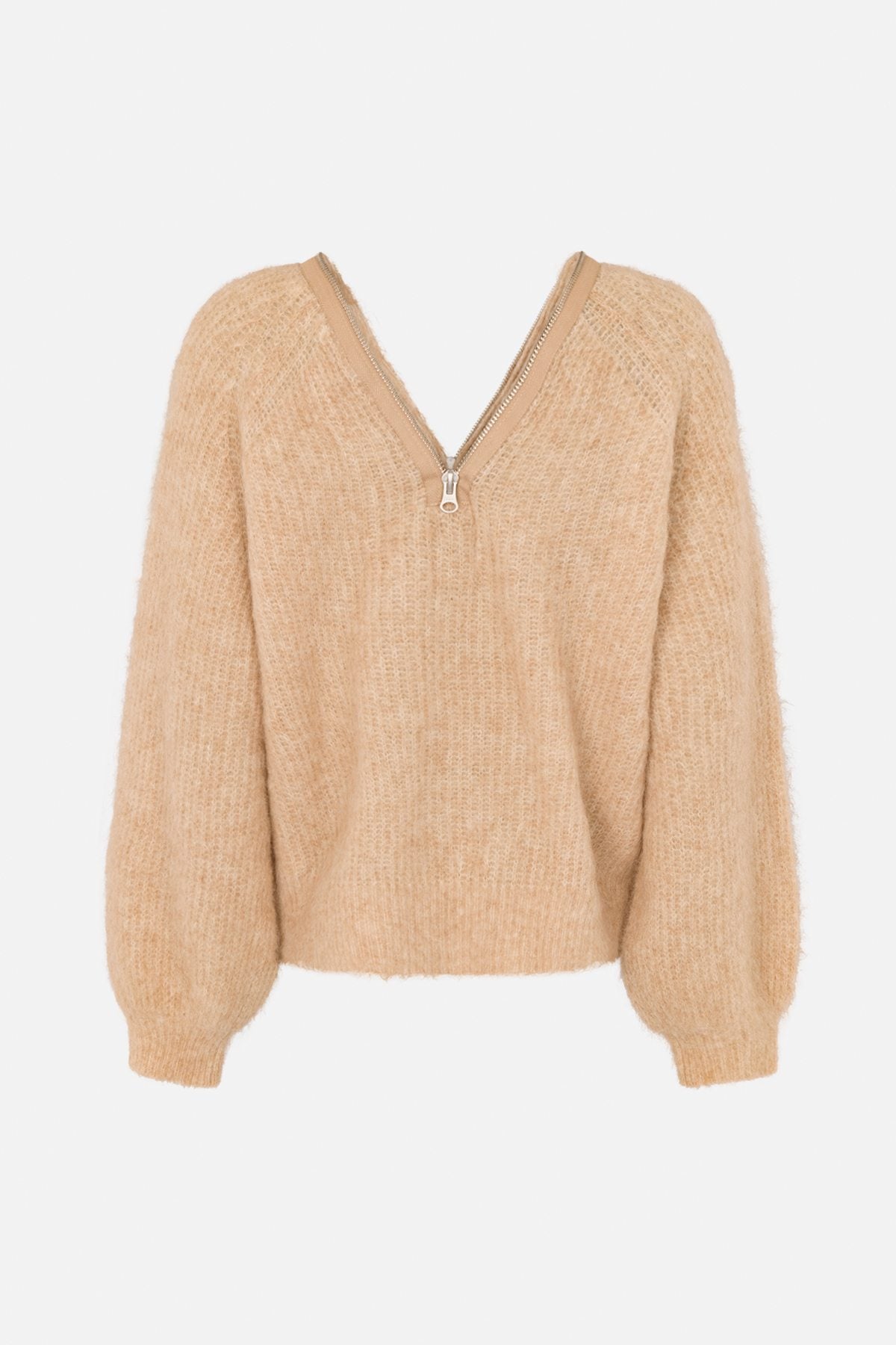 Maelle - Superlight knit zip opening sweater I Light camel