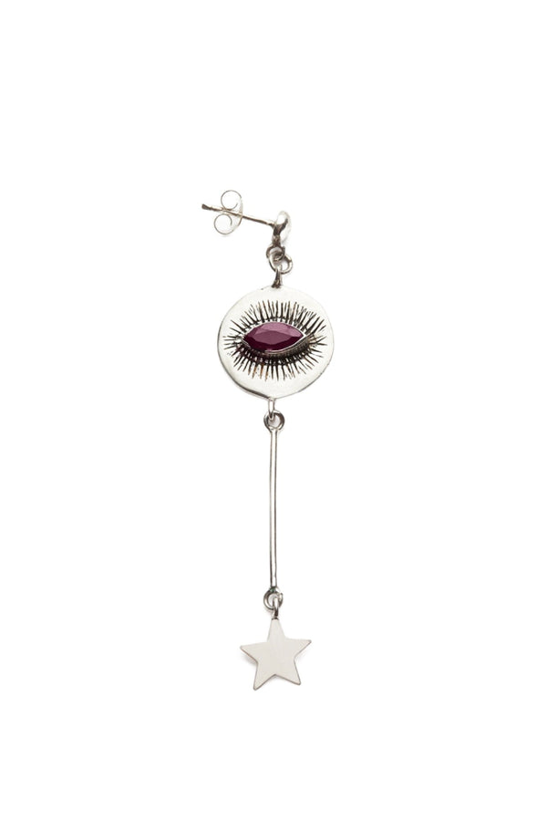 Nafsu - Long Silver eye earstick w/star pendant I Red Ruby