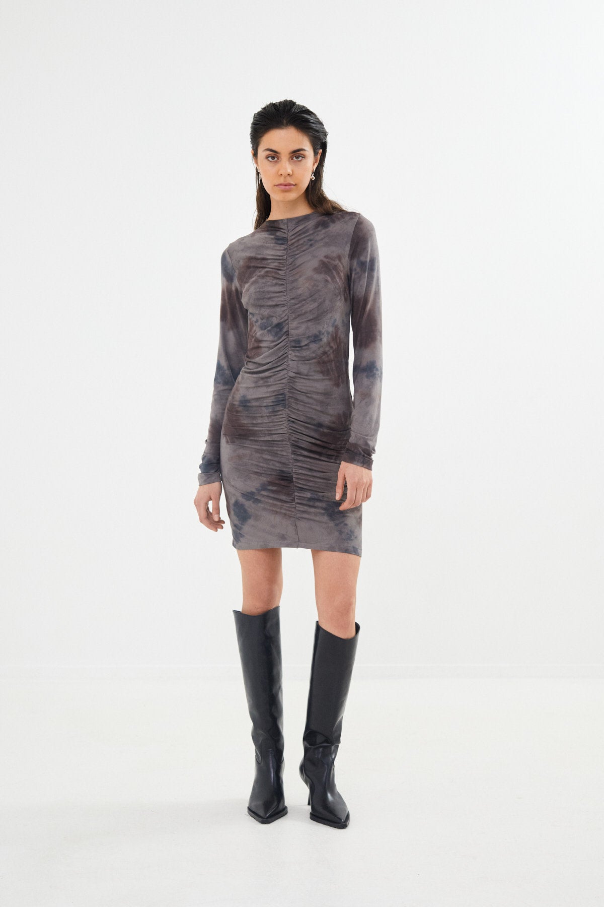 Mixture gather short dress - Isi I Asphalt combo