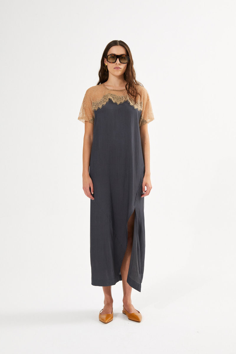 Sheer lace t-shirt dress - Botilla I Tobacco combo