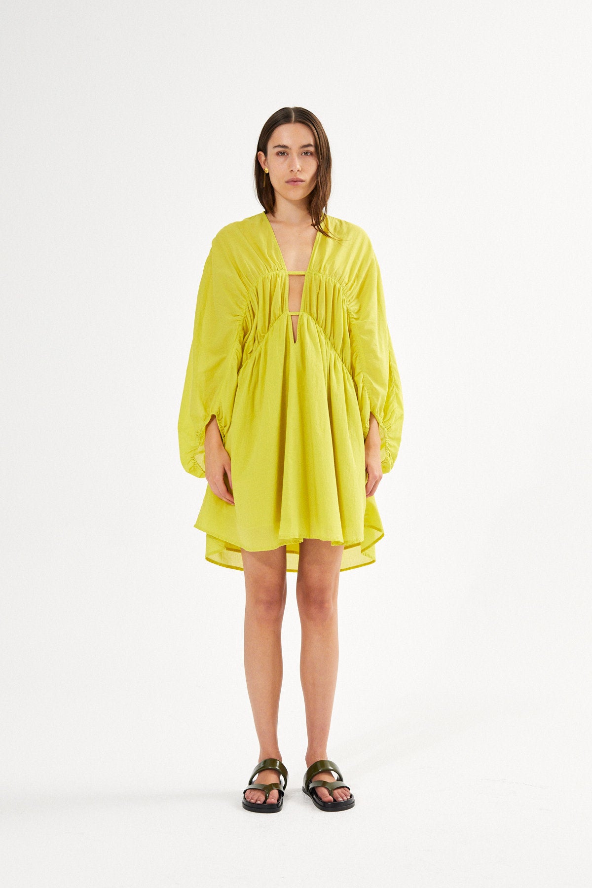 Cotton voile deep V-neck dress - Corrina I Acid yellow