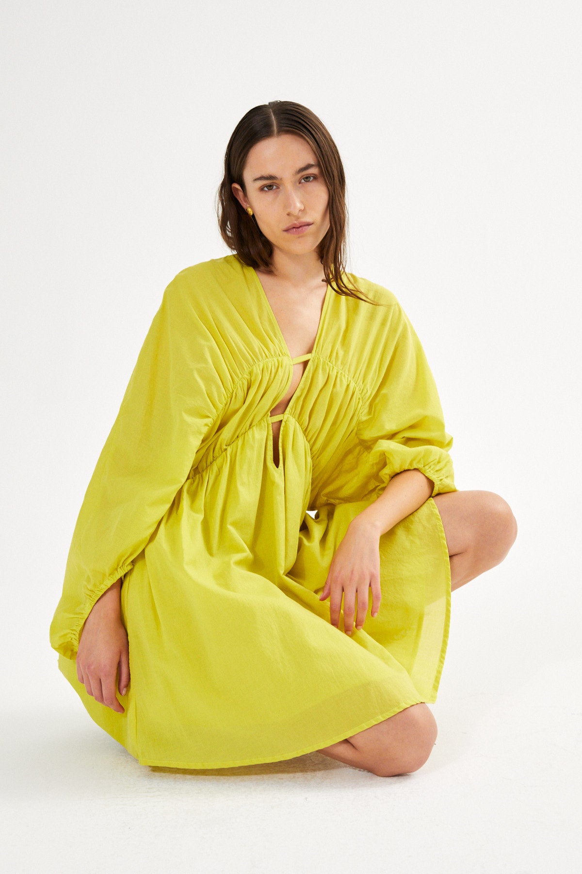 Cotton voile deep V-neck dress - Corrina I Acid yellow