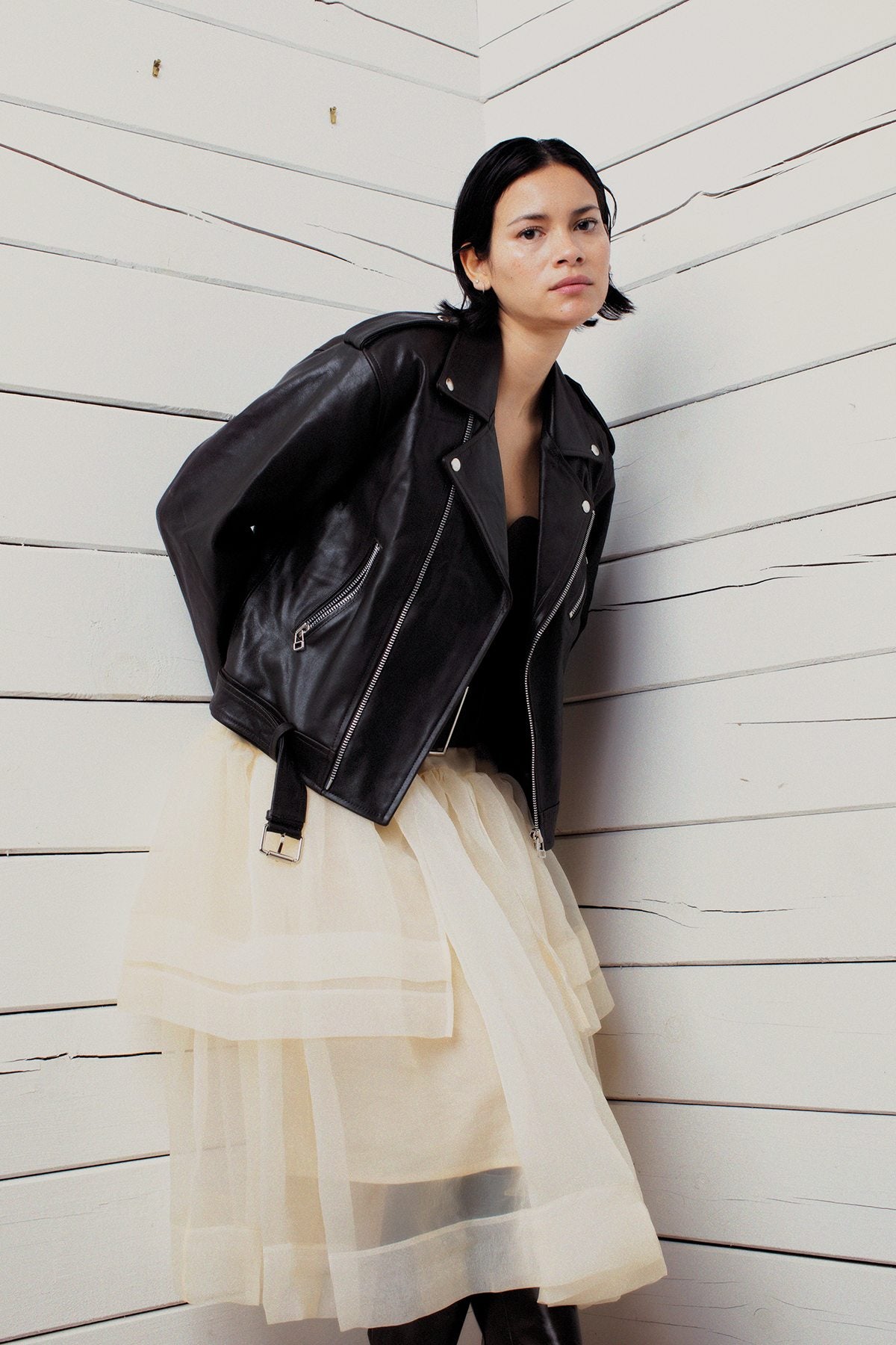 Davine - Leather biker jacket I Coffee