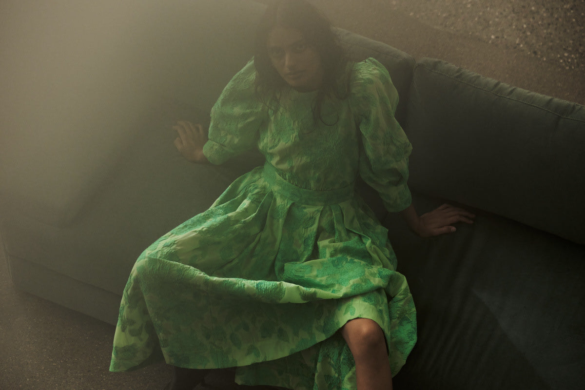 Bisharo - Clipped jacquard full skirt I Viper green